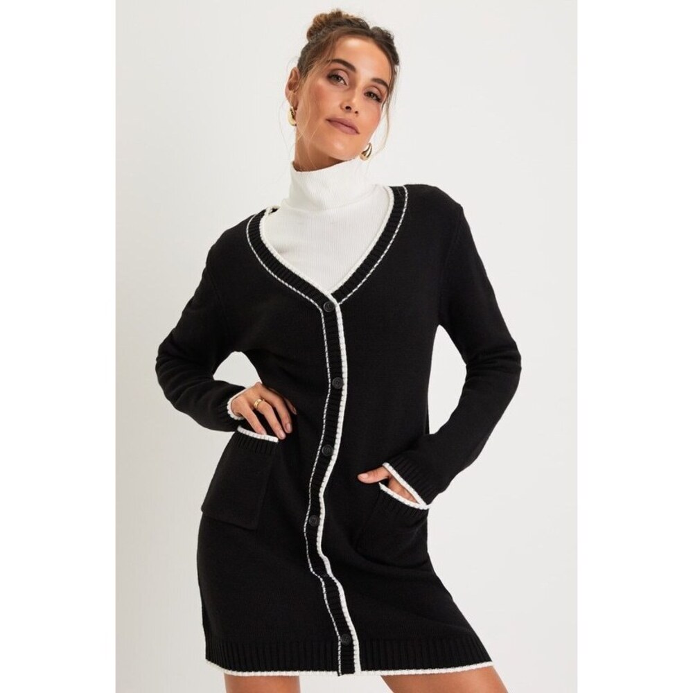 Lulus Chic Passion Black Contrast Mini Cardigan Sweater Dress - Size M